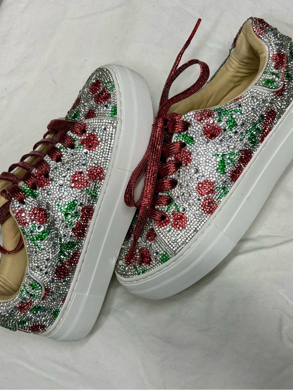 Betsey Johnson Silver Crystal Platform Sneakers with Red Floral Accents